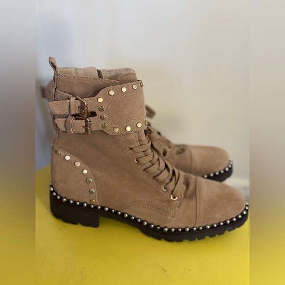 Tan suede studded combat boots - Picture 2 of 4
